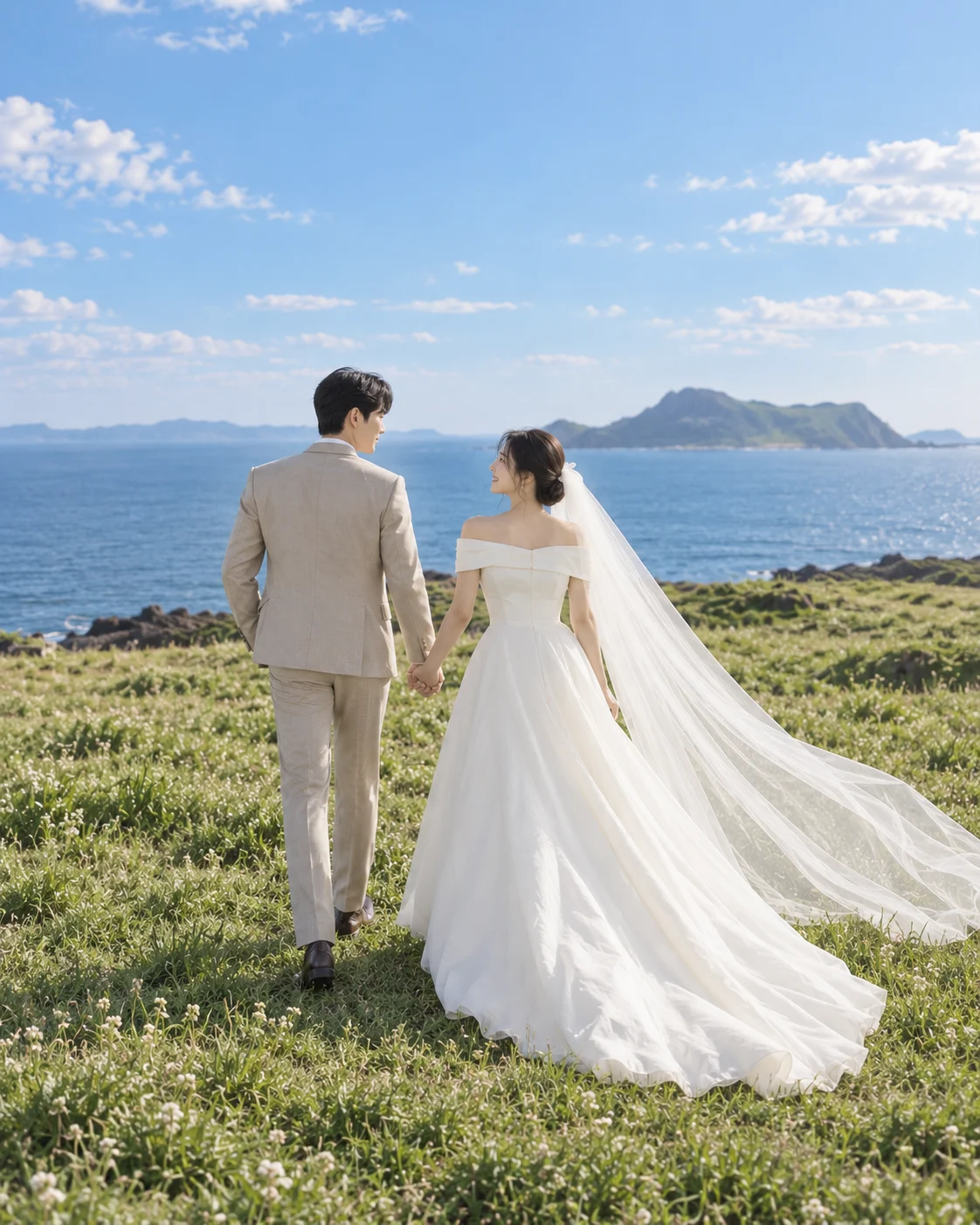 Nguyễn Văn A và Nguyễn Thị B nắm tay nhau cùng bước về phía biển